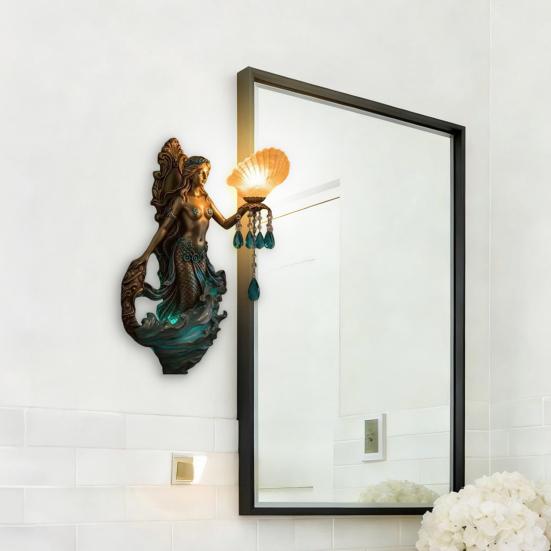 Mermaid Wall Sconce Vintage Resin LED Lamp for Bedroom Living Room Warm Glow Fantasy Decor Unique Gift for Ocean & Mythical Lovers