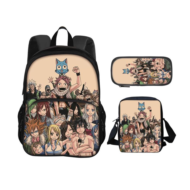 Fairy Tail Cartoon 3Pcs Set with Front Pocket Backpack+Shoulder Bags+Pencil Bag Student Boys and Girls Best Gift Stationery