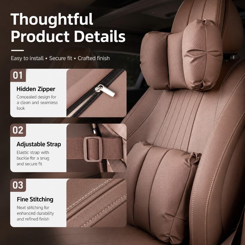 Universal Car Headrest and Lumbar Support Cushion Set Perforated Nappa Leather Neck Pillow with Adjustable Strap for Most Cars