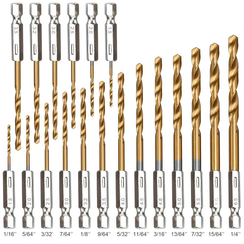 13/16/19 Stück Sechskantschaft Titanbeschichtete Spiralbohrer-Set Hochgeschwindigkeitsstahl 1,5-6,5 mm Bohrer für Holz Kunststoff