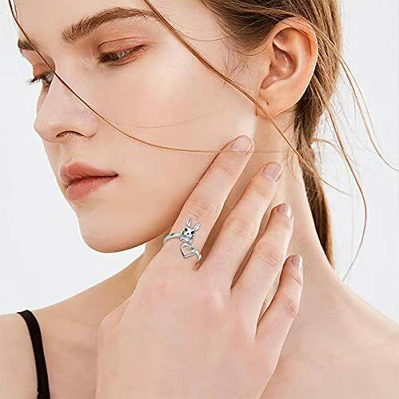 Adjustable Cute Rabbit Heart Ring with Diamond Inlay - Women's Cartoon Style