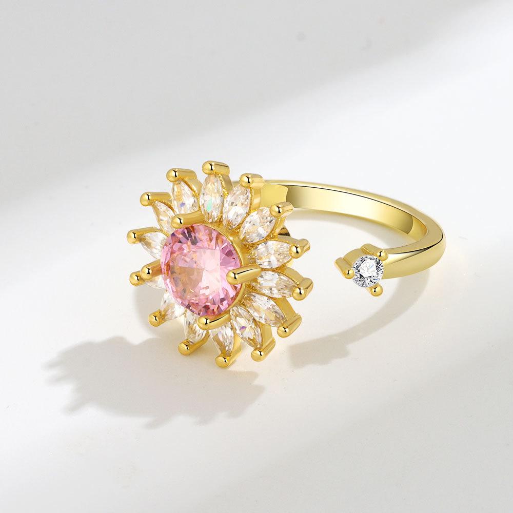 Offener Ring mit Zirkonia-Blume, Damen-Design, Nischenring, zweifarbig, Sonnenblume, doppelte Kamelie, personalisierbar, vielseitig verstellbar, Windmühlenring, Schmuck