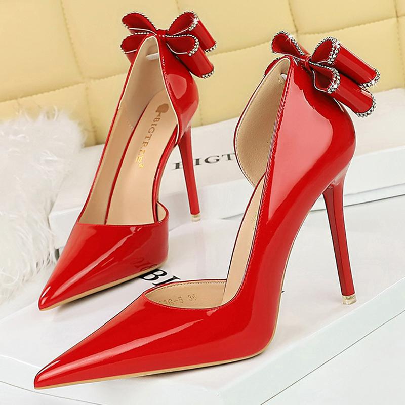

Модельные туфли BIGTREE KnotbowHigh Heels Rear Rhinestone Bowknot Женские туфли-лодочки Весенние остроконечные женские туфли на шпильке с полыми боковыми сторонами Свадебные туфли