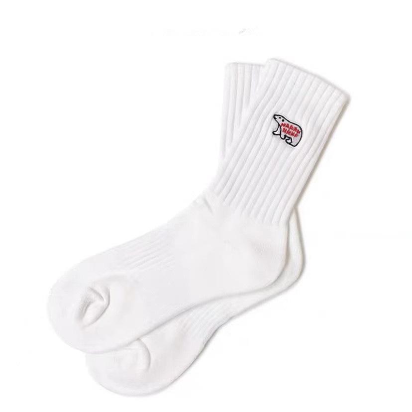Trendy Polar Bear Embroidery Mid-Calf Cotton Socks for Men & Women - Thickened Terry Bottom, Japanese Style, Sportswear