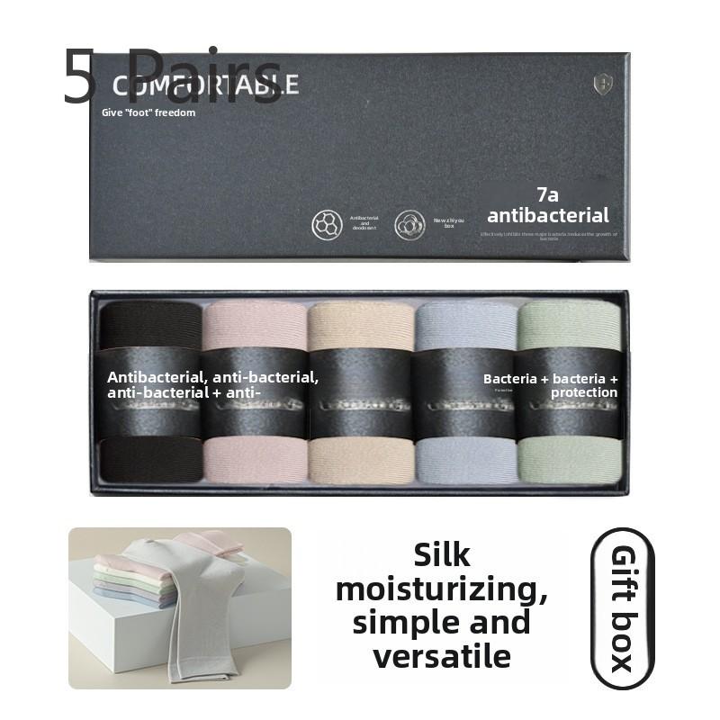 5 Par Damskich Skarpetek Średniej Wysokości na Wiosnę i Jesień w Pudełku Prezentowym Bezszwowe Proste Jednokolorowe Antybakteryjne Absorpcja Potu Deodorant