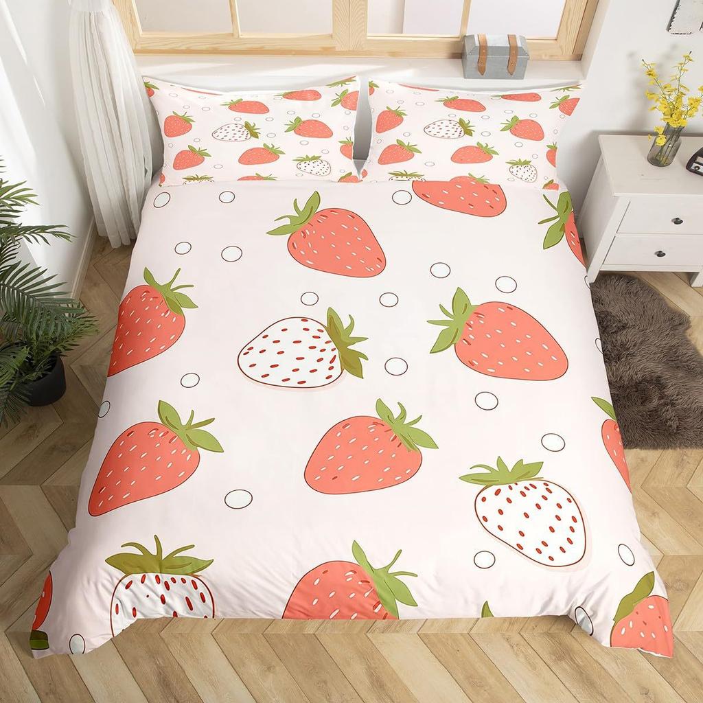 Strawberry Pink Duvet Cover Cute Fruit Print Bedding Three-piece Set Girl Room Decoration
