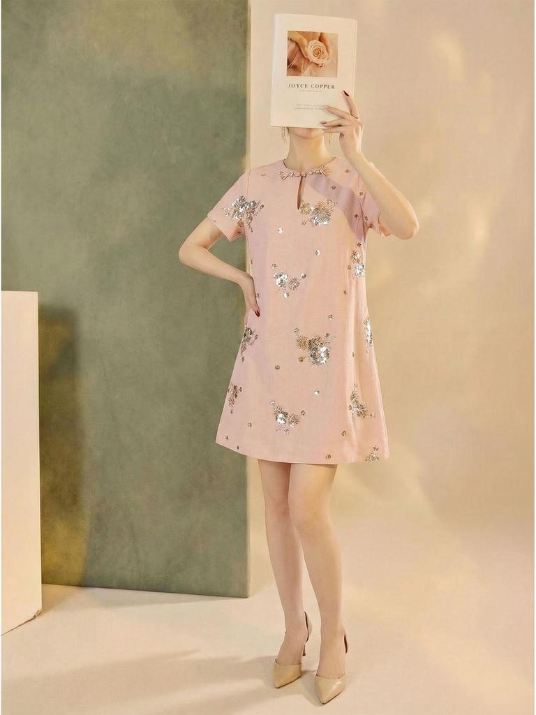Chinese National Style Embroidered Summer Dress with Beading In Floral A-line Design