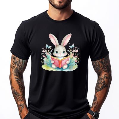 Cute Rabbit Watercolor Book Reading Bunny Black T Shirt New Year Hip Hop Brand T Shirt Tops T Shirt for Men