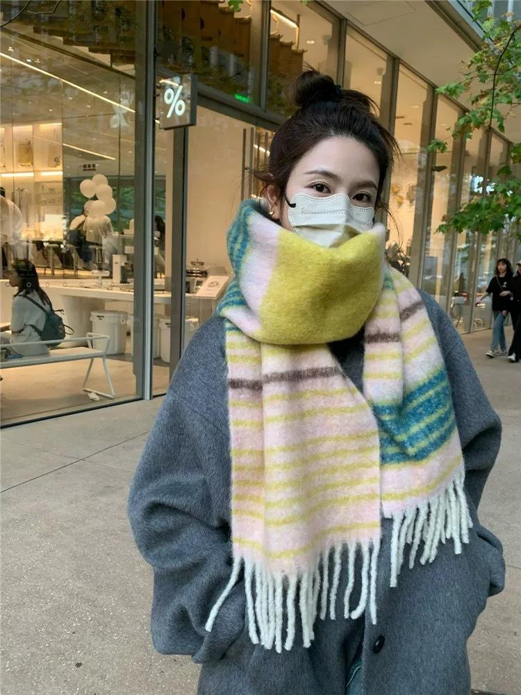 Retro Color Oil Painting Plaid Mohair Scarf Women's Autumn and Winter Thickened Warm New Fringed Scarf