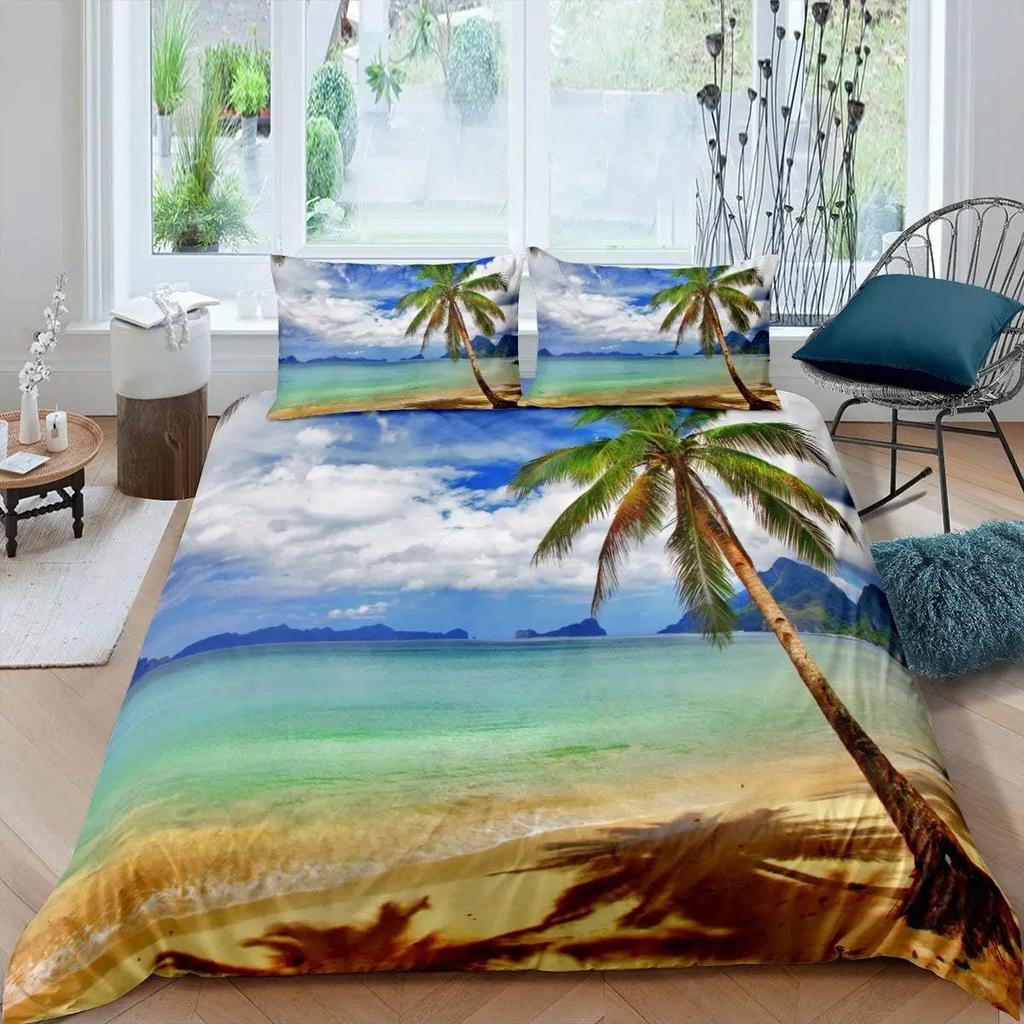 Ocean Theme Beach Duvet Cover Queen King Sunset Tropical Palm Tree Waves Comforter Cover Hawaii Natural Landscape Bedding Set