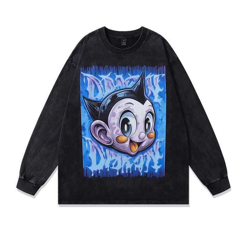 High Street Men'S T-Shirt Beauty Tide Vintage Cartoon Printing Washed Cotton Short Sleeve T-Shirt Men