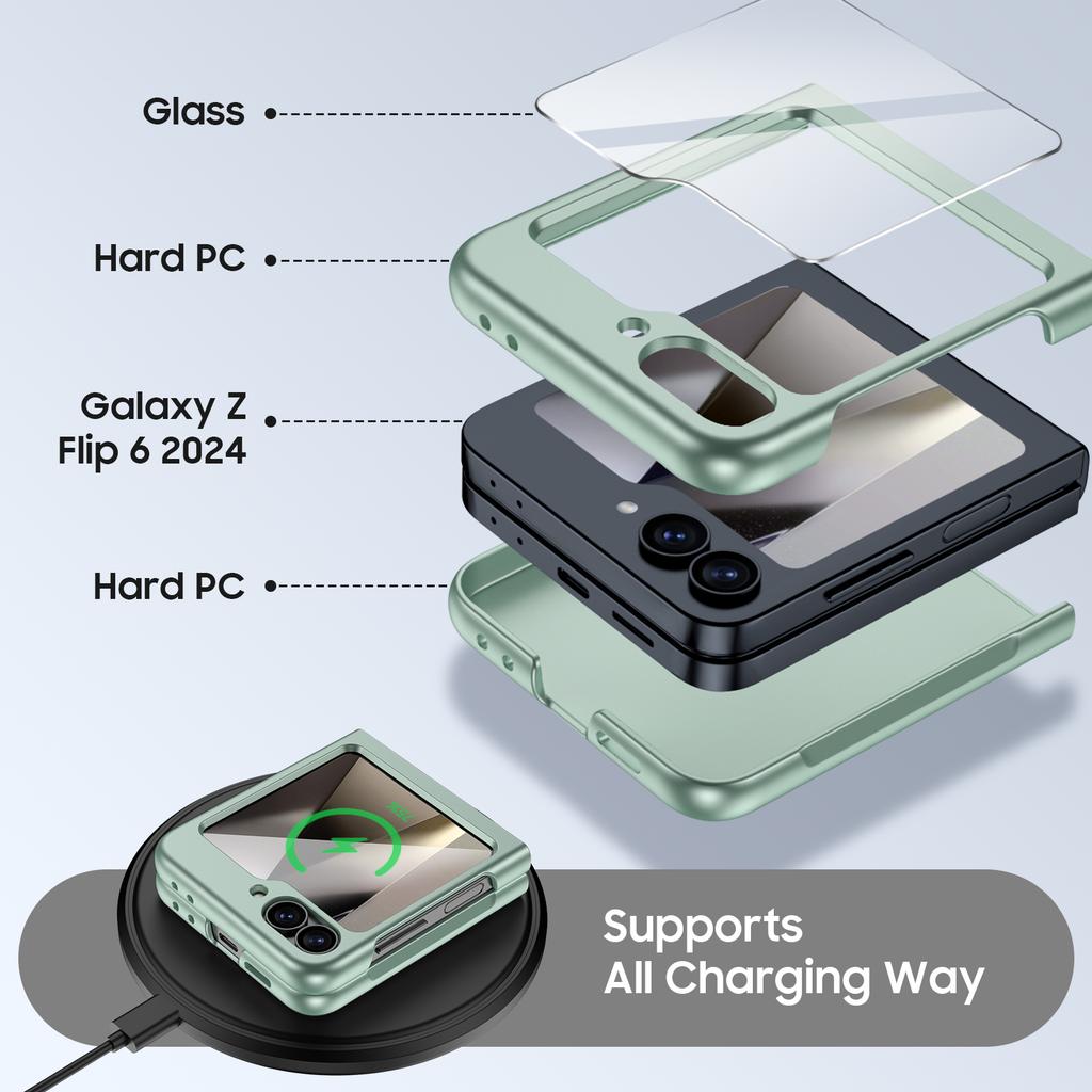 Slim Hard PC Case for Galaxy Z Flip 6 with Built-in Screen Protector,Shockproof Anti-Scratch Full Body Protection Cover,For Wireless Charging-Green