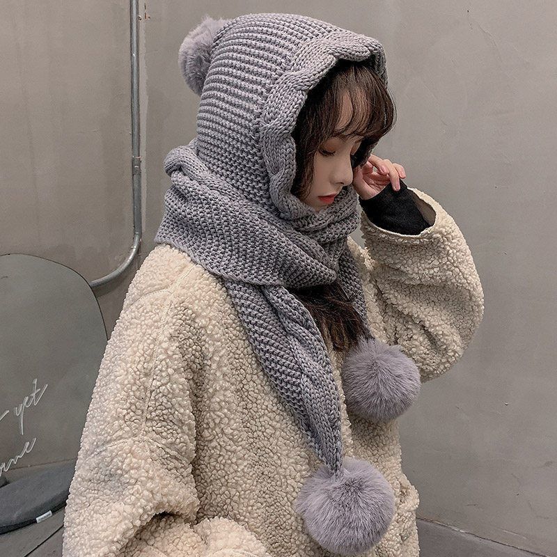Damen Koreanischer Stil Vielseitige Strickmütze Schal Integriert Niedlicher Pompon Ohrenschutz Verdickte Warme Mütze für Herbst Winter