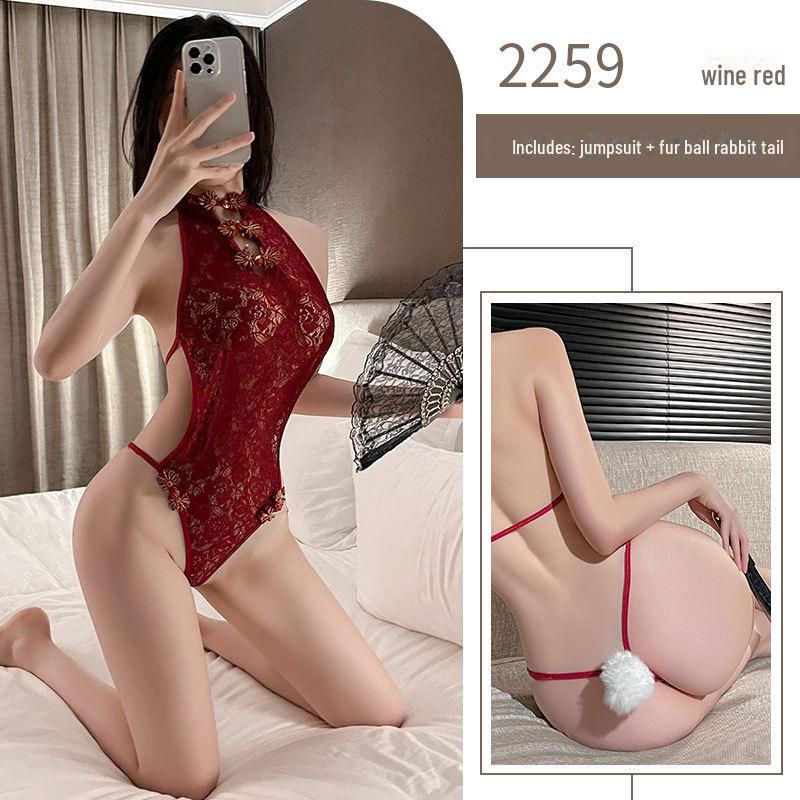 Milian Retro Lace Cheongsam: Tempting Open-Crotch Lingerie One-Piece.
