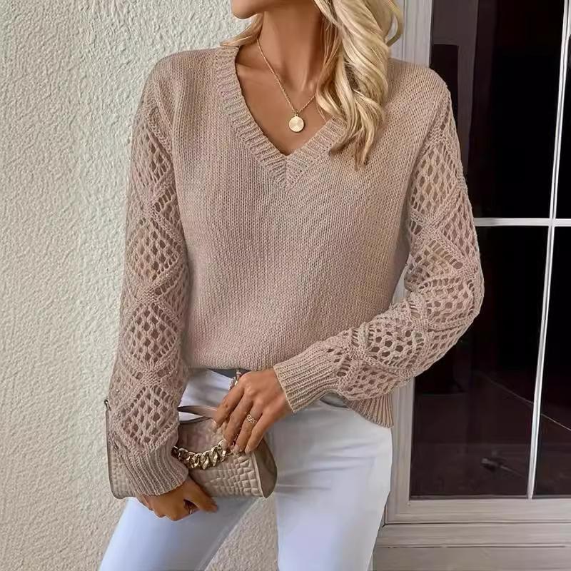 Spring and Autumn Knitted Sweater Foreign Trade Women's Clothing Temperament V-neck Hollow Long-sleeved Solid Color Casual Top
