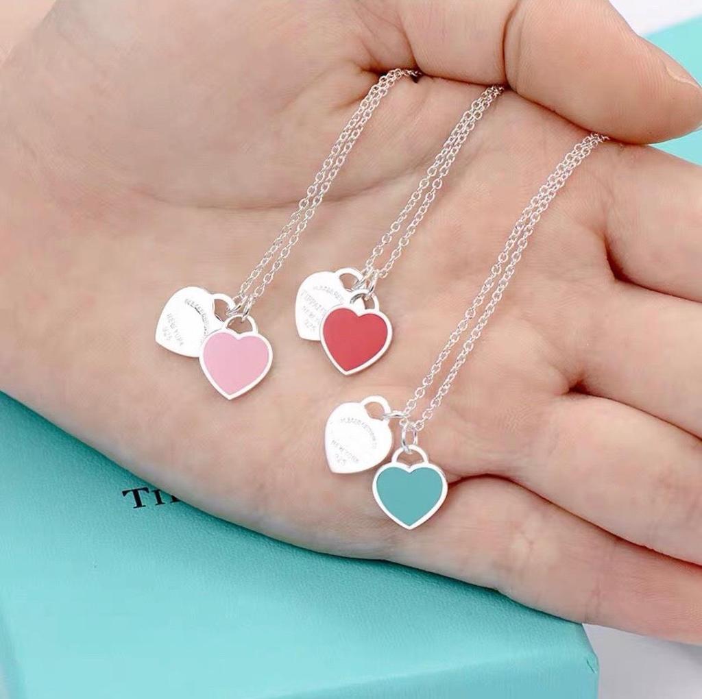 Yibaijia T-home Double Heart Pendant Necklace - 925 Sterling Silver Red Heart Oil Drop Enamel Blue Clavicle Chain