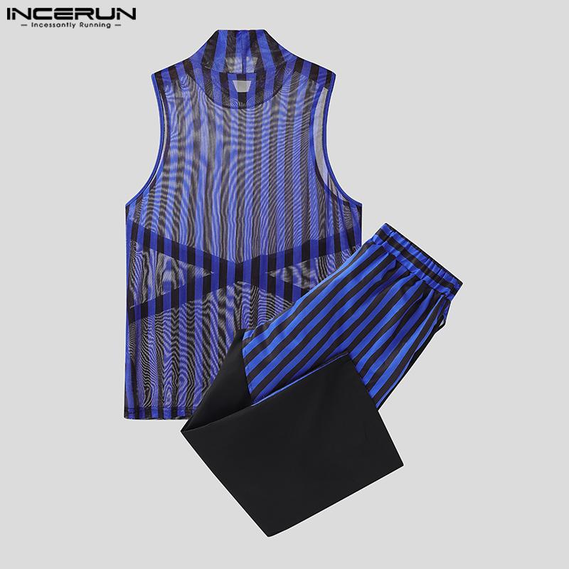 INCERUN 2PCS Men Sleeveless Striped Mesh Sheer Tank Tops Elastic Waist Layers Pants Sets