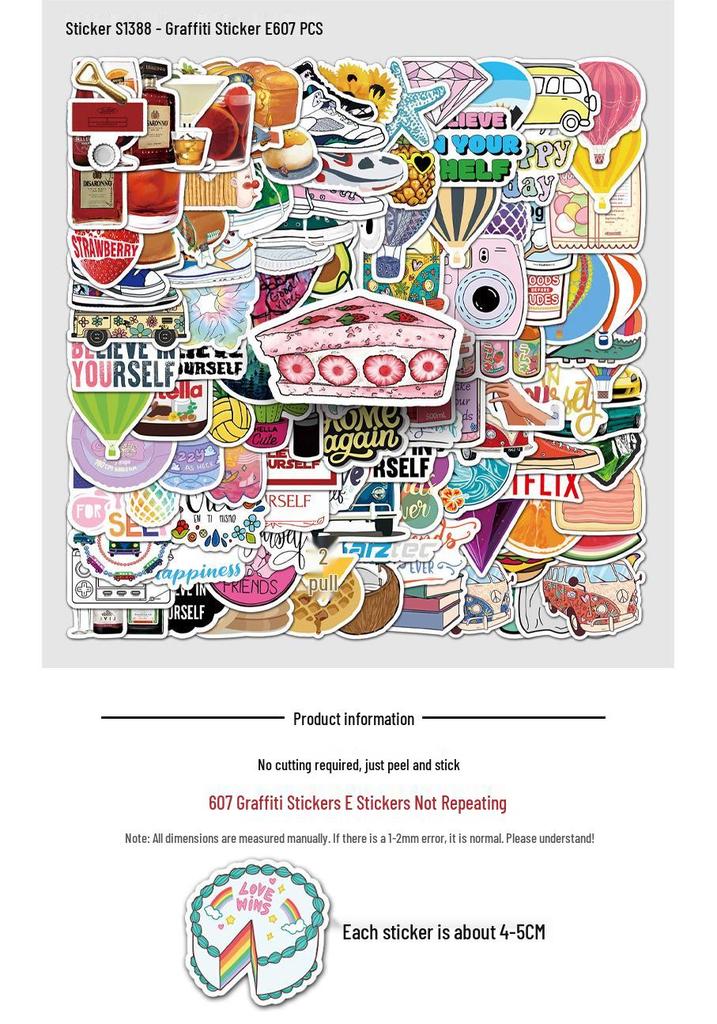 607 Trendy Cartoon Graffiti Stickers: Creative, Waterproof Decorations for Journals, Storage Boxes, and Water Bottles