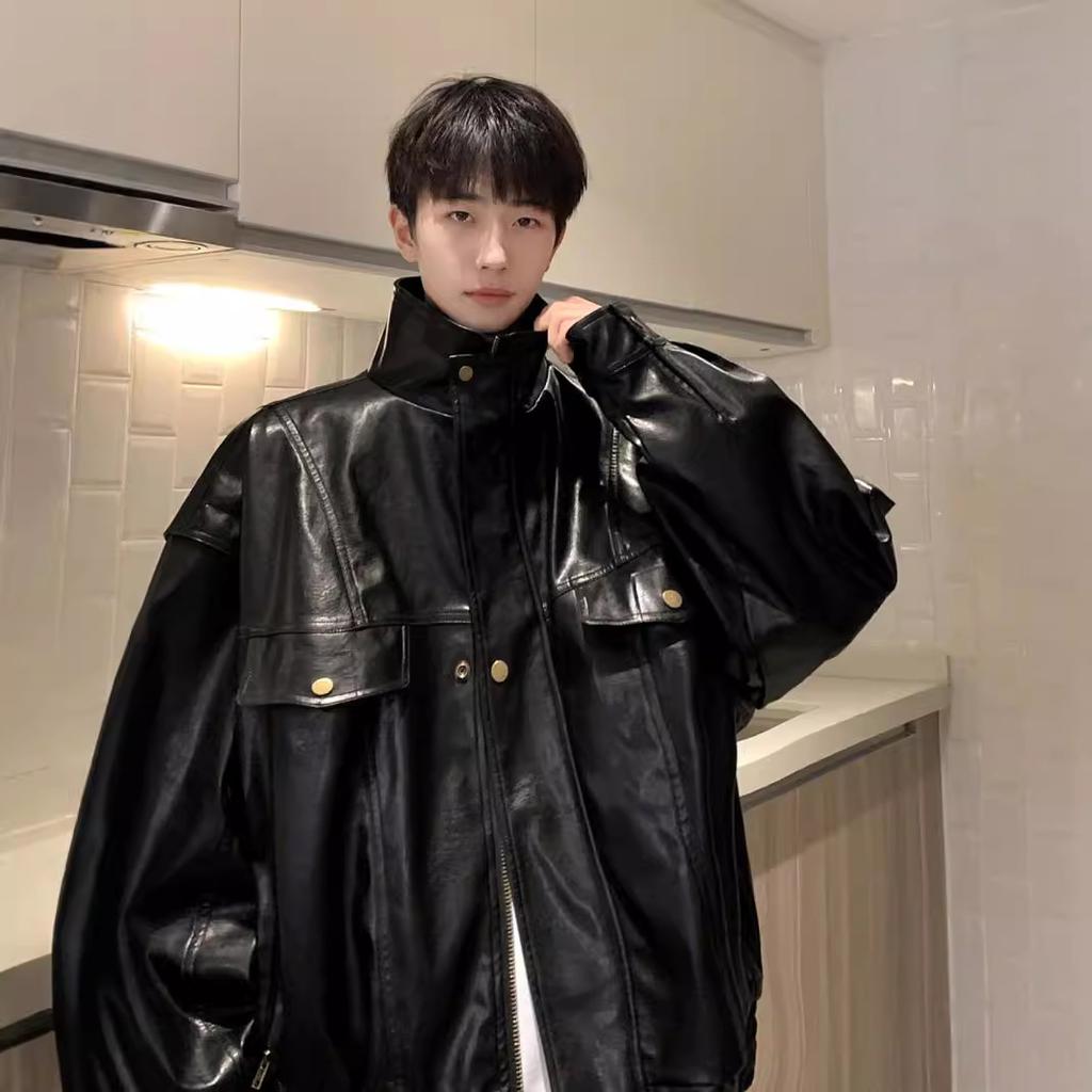Multi-pocket Leather Jacket for Men In Autumn and Winter, Trendy Brand, Handsome, American Retro Motorcycle Flying Pu Leather Jacket, Hong Kong Style