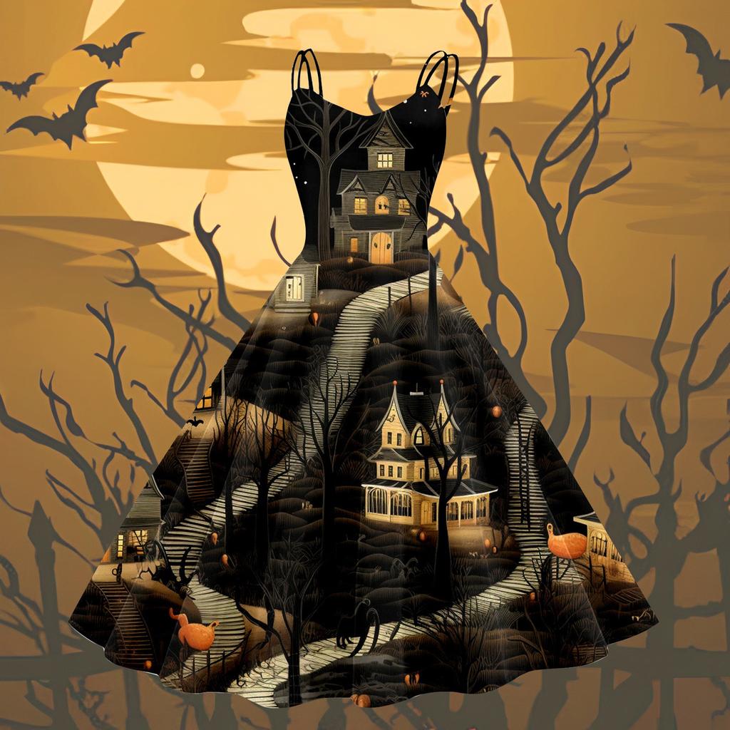 Naiste mood Halloweeni trükitud seksikas olkaimeta gooti kokteilikleit punki, vintage kleit.