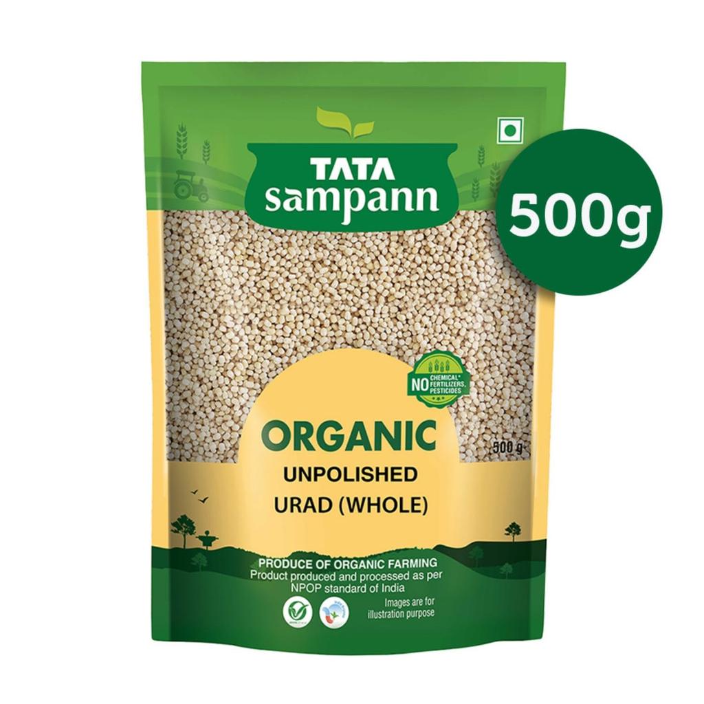 TATA Sampann Organic Unpolished Urad Whole Dal For Authentic Indian Dosa And Idli Recipes 500 G