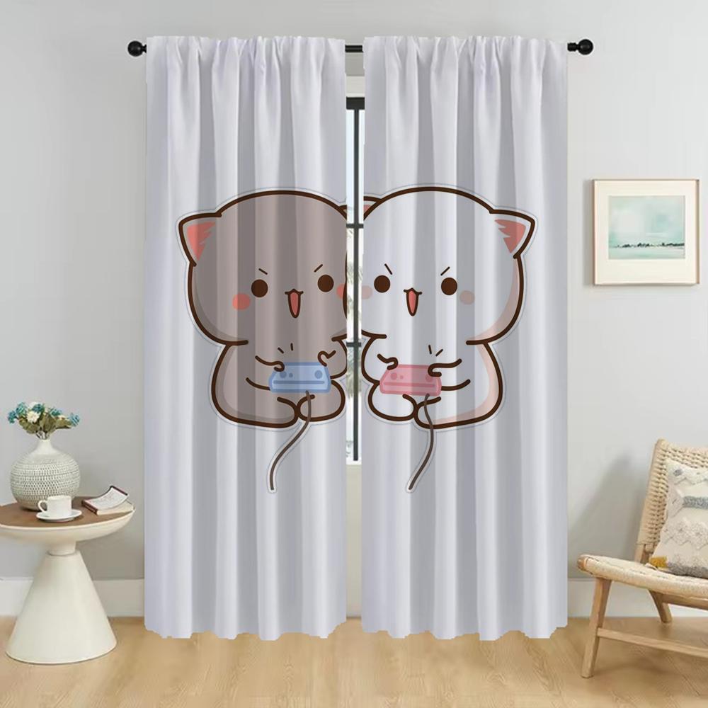 Pfirsich Mochi Katze Raumteiler Verdunkelungsvorhänge für Wohnzimmer Jalousien Tüll für Schlafzimmer Heimdeko Vorhänge 2 Stück Vorhang