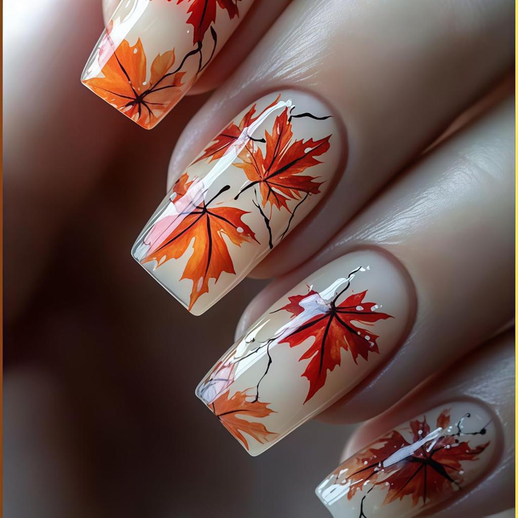 Thanksgving Day Press On Nails Square Medium Press On Nails Nude White Fall Nail Press Ons Full Cover False Nails With Maple Leaves Designs Acrylic
