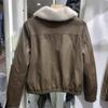 Women's European-Style PU Leather Jacket, Fleece-Lined with Big Fur Collar, Petite Size, Short Top for Autumn/Winter 2025
