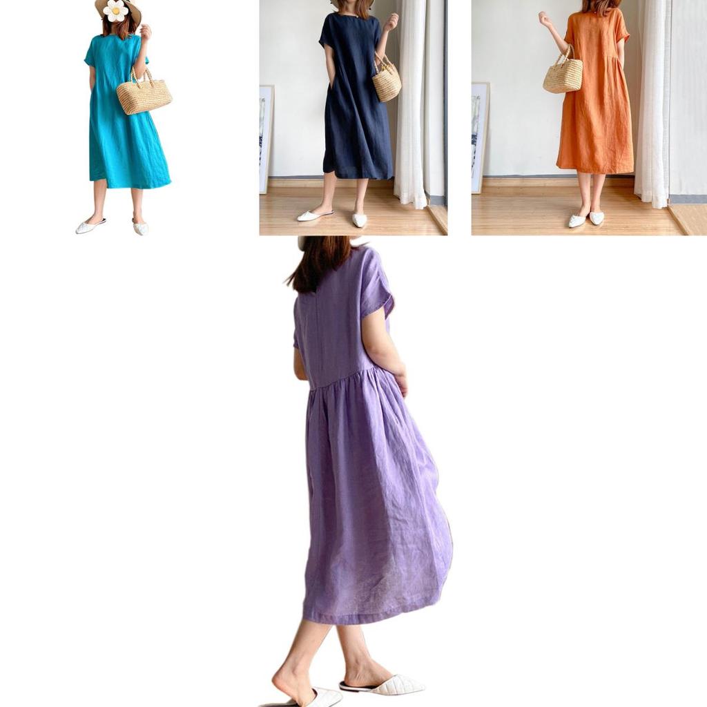 Luxurious Cotton Loose And Thin Dress For Women With Short Sleeves And Round Neck