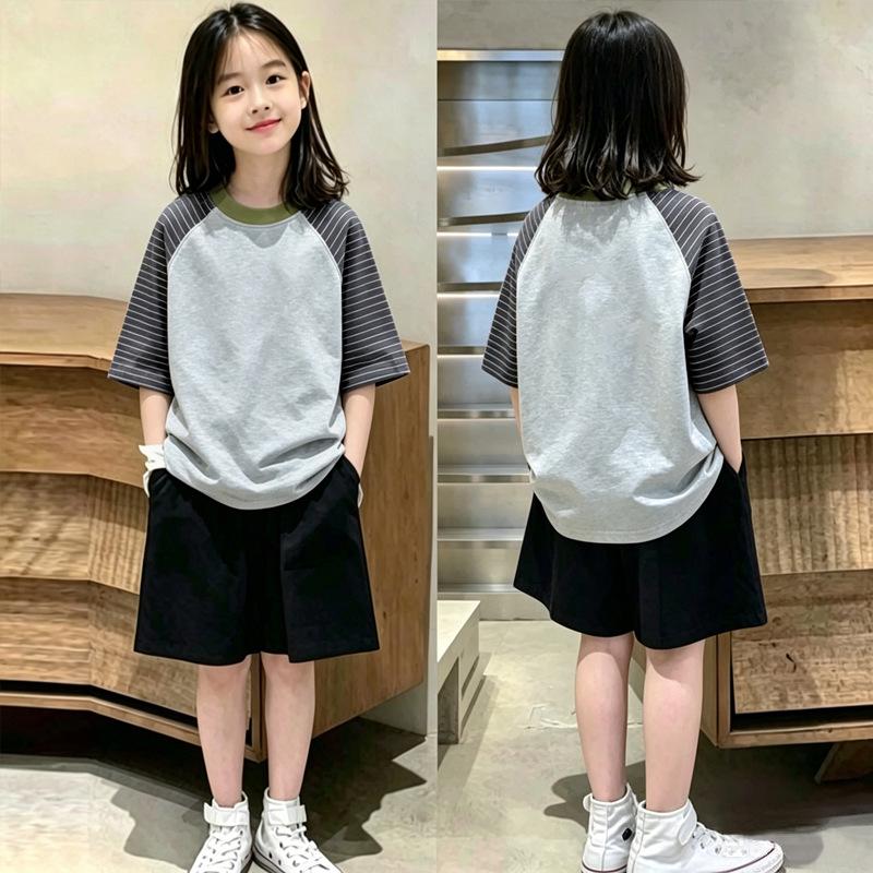 Girls' Striped Cotton T-Shirt & Shorts Set - Stylish Summer Outfit for Ages 6-12