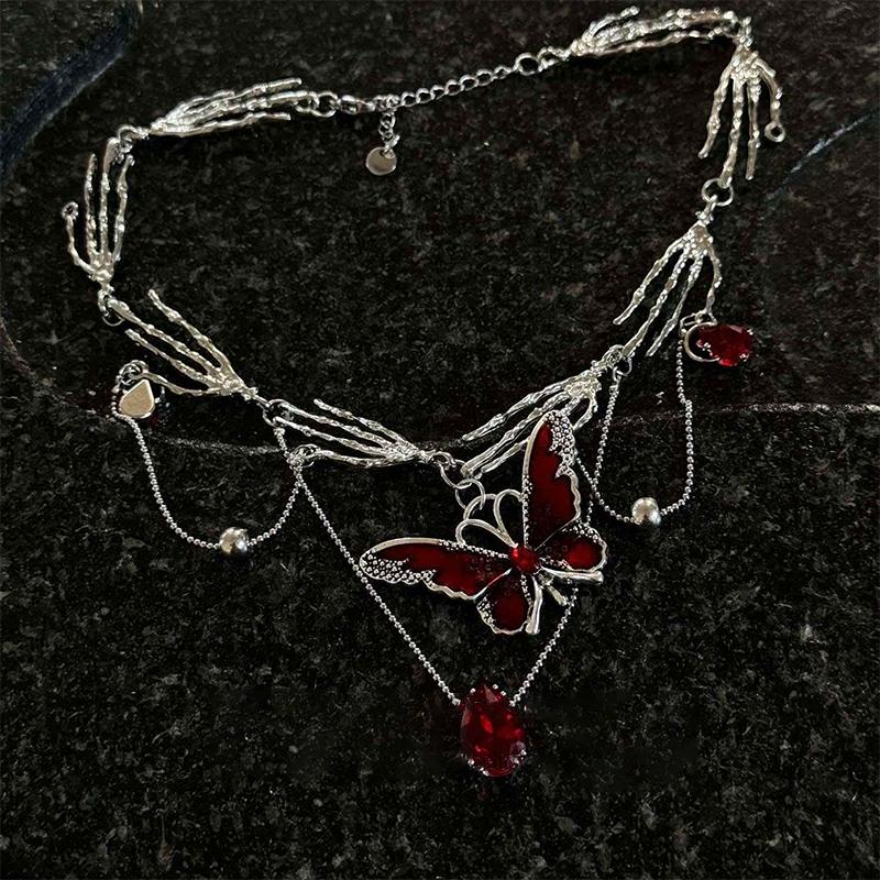 Vintage Y2K Halskette für Damen Mode Samt Schmetterling Quaste Kristall Kragen Halskette Gothische Ketten