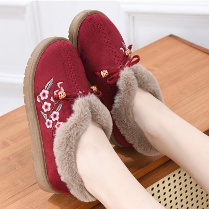 Winter Women's Thickened Warm Casual Shoes Flat Embroidered Cotton Boots
