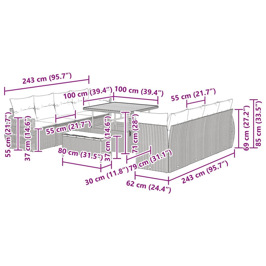 Garden Sofa Set with Cushions 11 pcs Black Poly Rattan