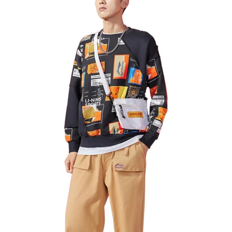 Li Ning Wade Series Musterdruck Gespleißtes Lockeres Rundhals-Sweatshirt Herren Sweatshirt Schwarz AWDRA83-1