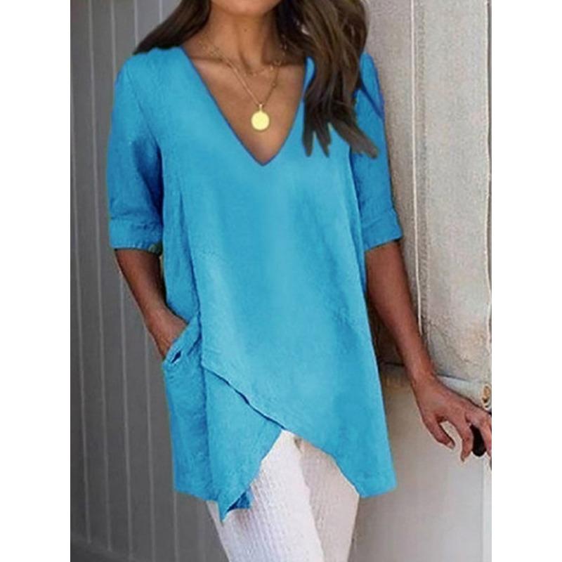 

VEZFAA Жіночі модні повсякденні літні весняні одноколірні блузки та сорочки з принтом з короткими рукавами та V-подібним вирізом XL синій