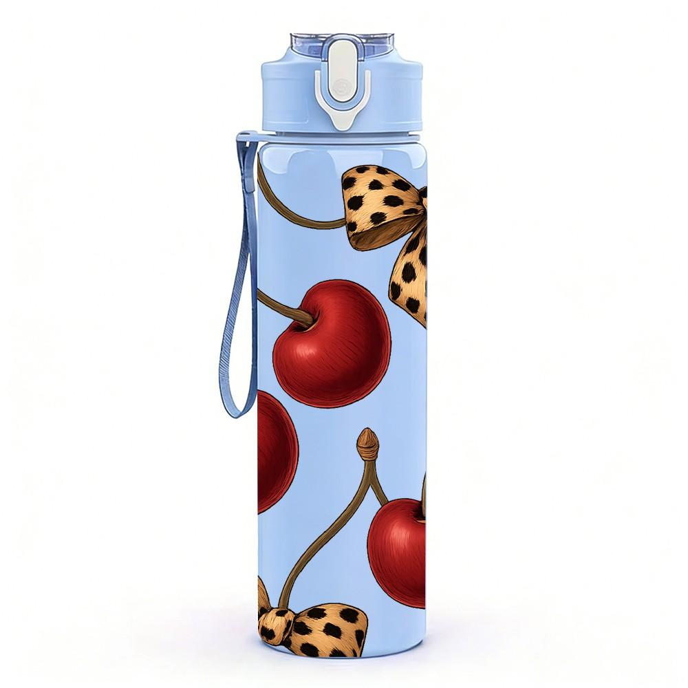 1PC Red Cherry Leopard Bow Layout 750ml Color Plastic Sports Water Bottle Leakproof Flip Straw Lid For Sports Office Home Use