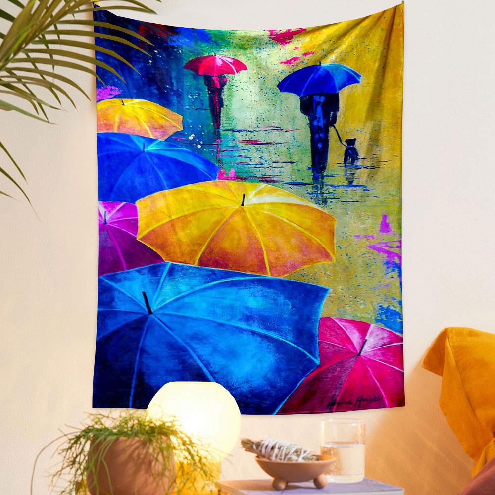 Colorful Umbrellas in Rainy Street Art Patterned tapestry home decor, suitable for bedroom and living room, gift