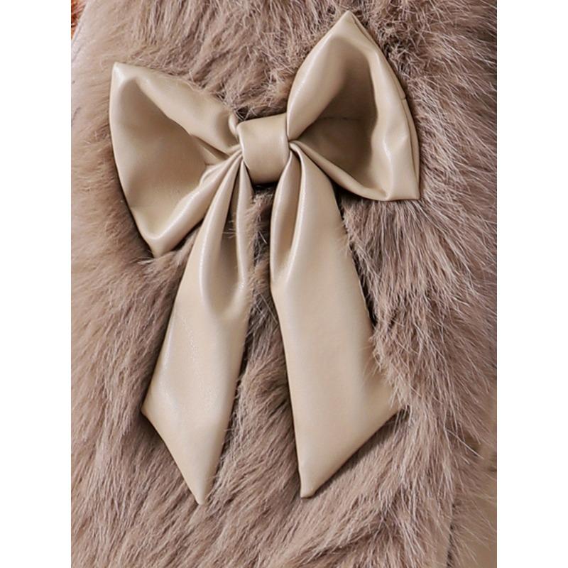 Winter Warmth Outfit Set - Elegant Beige & Brown Plaid Pleated Skirt Dress with Long Sleeve Blouse & Fluffy Bow Vest, Machine Washable Cozy Sweate