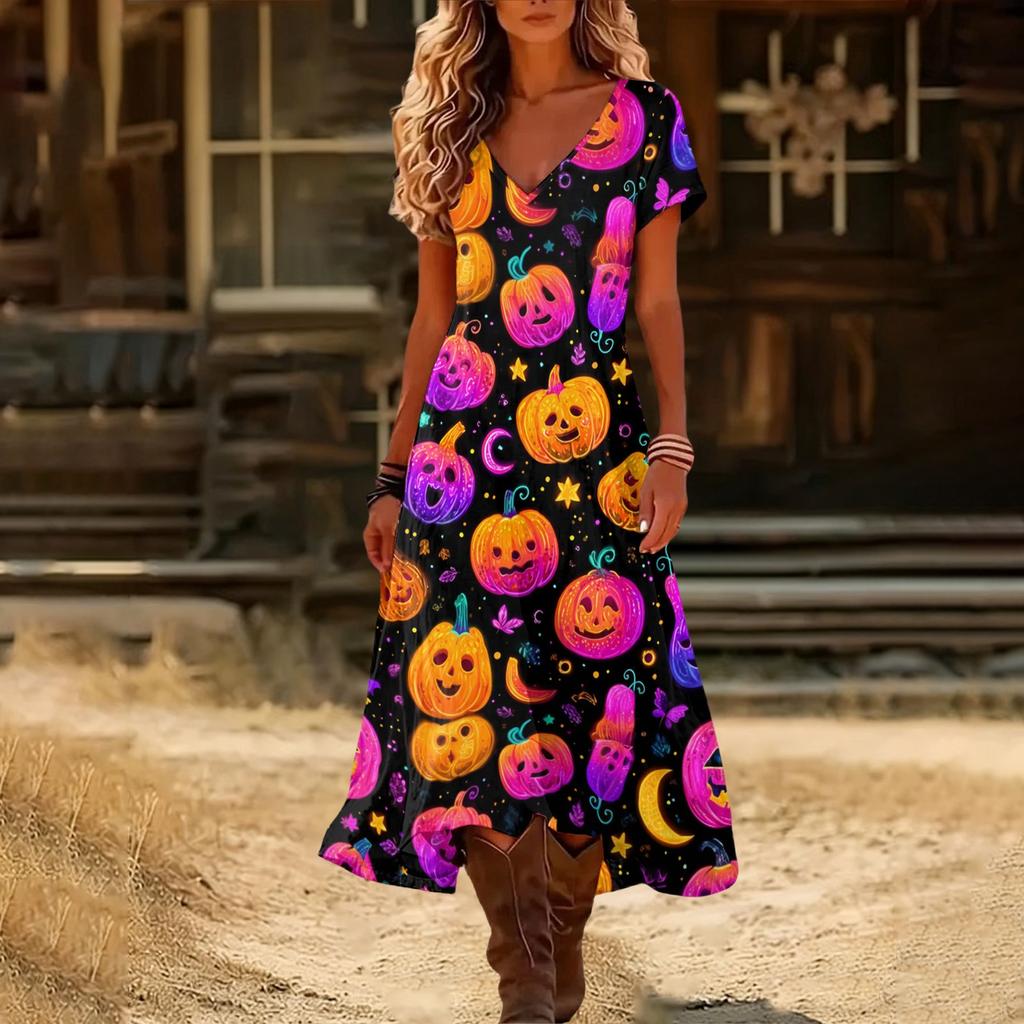 Womens V Neck Short Sleeve Midi Dress Halloween Pumpkin Print Vintage Style Casual Beach Wear Split Hem Summer Dress