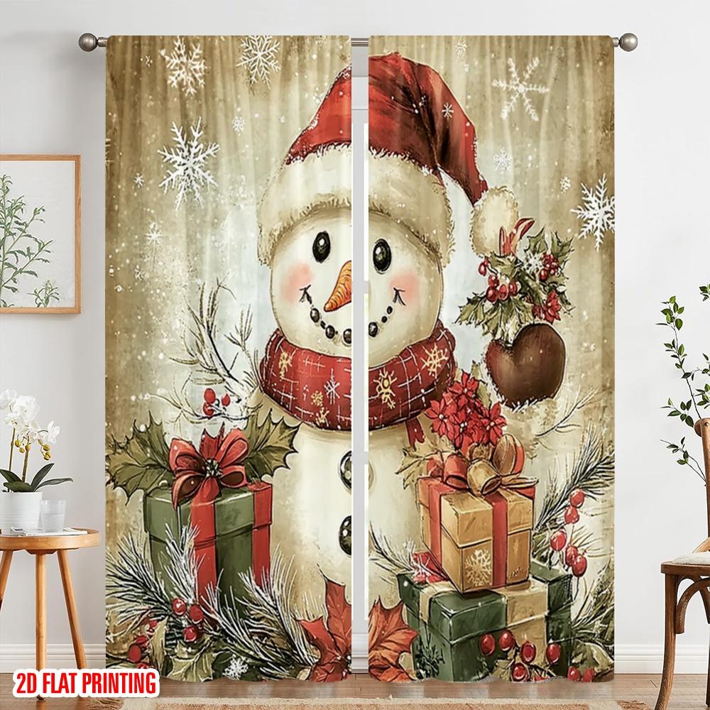 2pcs,2D Plane Printing Light Filtering Curtains Festive Snowman Christmas Gifts Versatile Fabric (without Rod) Decorations
