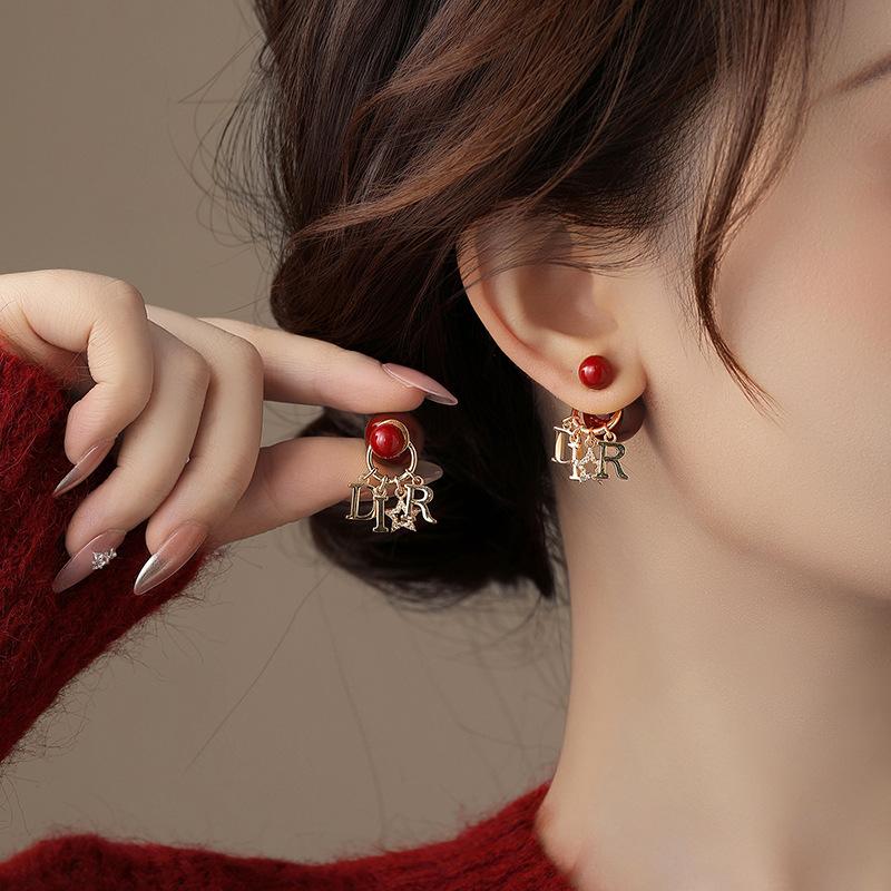 New Year's Red Zircon Letter Fringed Stud Earrings Niche Design Earrings Earrings