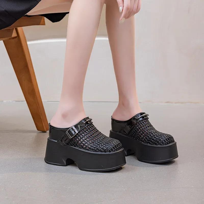 

11СМ Натуральная кожа Синтетика Женщины 2025 Лето Платформа Танкетка Бренд Плетение Обувь Мода Повседневные Высокие Тапочки Сандалии Полые 39 чёрный