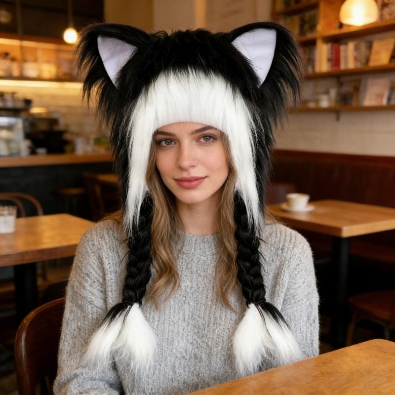 Soft Furry Animal Ear Hat with Braids for for Women and Girls Cartoon Earflap Hat Cosplay Winter Party and Themed Event