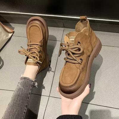 Flat παπούτσια Γυναικείες δερμάτινες μοτοσικλέτες Μπότες με στρογγυλά δάχτυλα ραμμένες με κορδόνια με χοντρή σόλα Γυναικεία παπούτσια με χαμηλό τακούνι