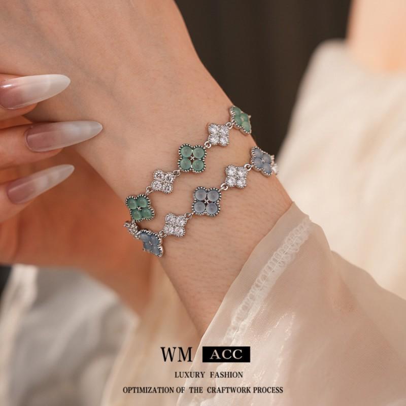 Elegant Floral Zircon Charm Bracelet Women Dainty Blue Green Copper Chain Lightweight Luxury Style 2025