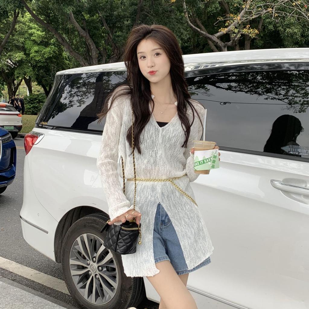 Medium To Long V-neck Knitted Top for Women, Versatile for Spring and Summer, Thin for Outdoor Wear, Sun Protection and Air Conditioning Cover