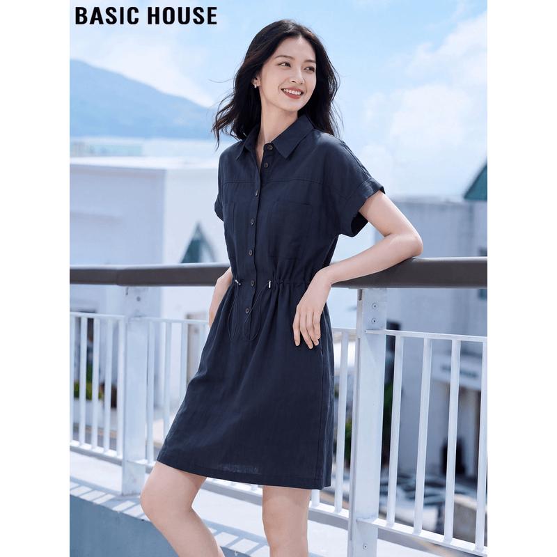Basic House Women s Tencel Linen Shirt Dress L тёмно-синий