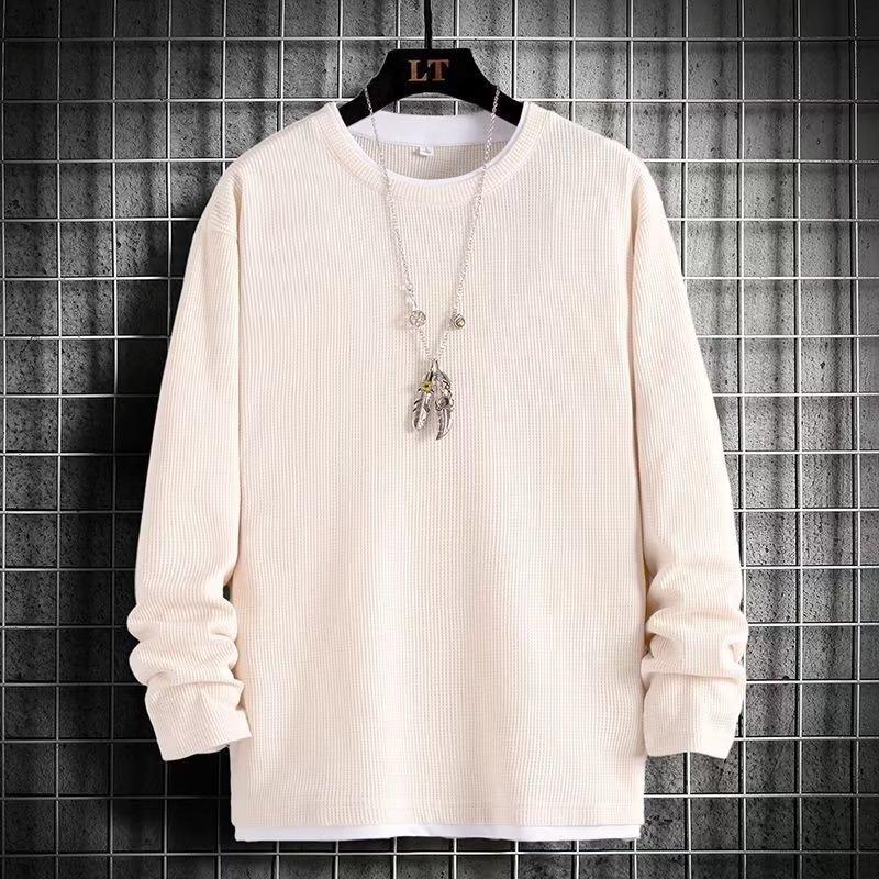 Sweater Men's Waffle Fake Two Long-sleeved Spring and Autumn Loose Top, Wearing a Bottoming Shirt Outside and a New Casual T-shirt Inside.