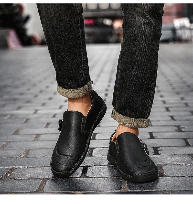 Men's Autumn Casual Leather Slip-On Shoes, Large Size, Soft Sole, Non-Slip, Hand-Stitched, Side Zipper