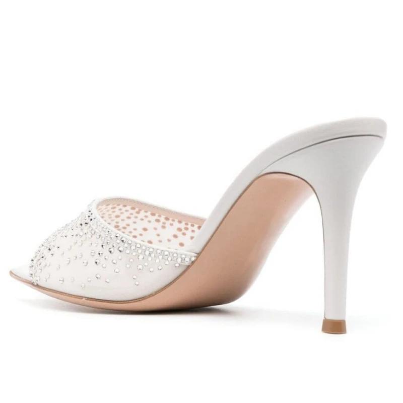 Fashion Summer Woman Thin Heel Rhinestone High Heel Slippers Fashion Open-toed Pointed End Slip-on Not Tired of Feet Stiletto